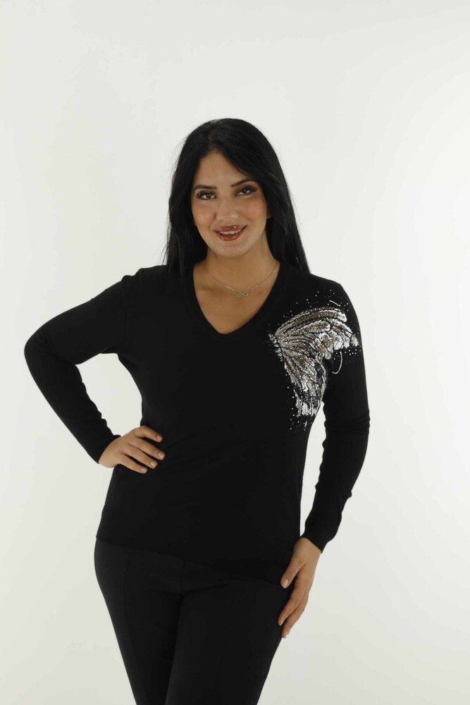 V Neck Stone Detailed Long Sleeve Knitwear Black - 30557 | KAZEE - 1