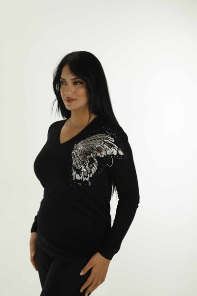 V Neck Stone Detailed Long Sleeve Knitwear Black - 30557 | KAZEE - Thumbnail (2)