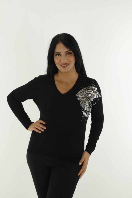 V Neck Stone Detailed Long Sleeve Knitwear Black - 30557 | KAZEE