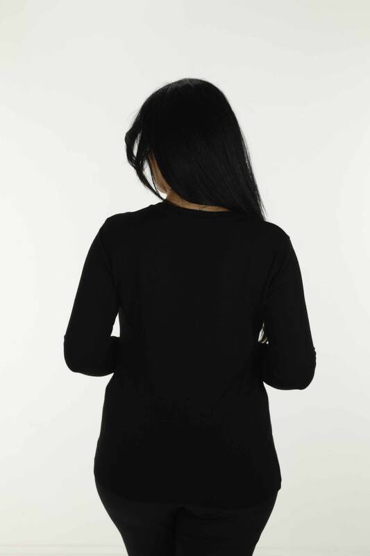 V Neck Stone Detailed Long Sleeve Knitwear Black - 30557 | KAZEE