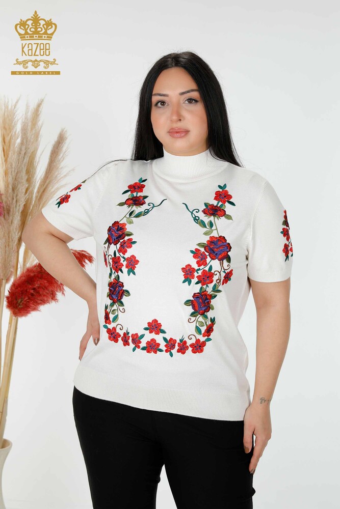 Venta al por mayor Suéter de Punto para Mujer con Estampado Floral Crudo - 15876 | kazee - 1