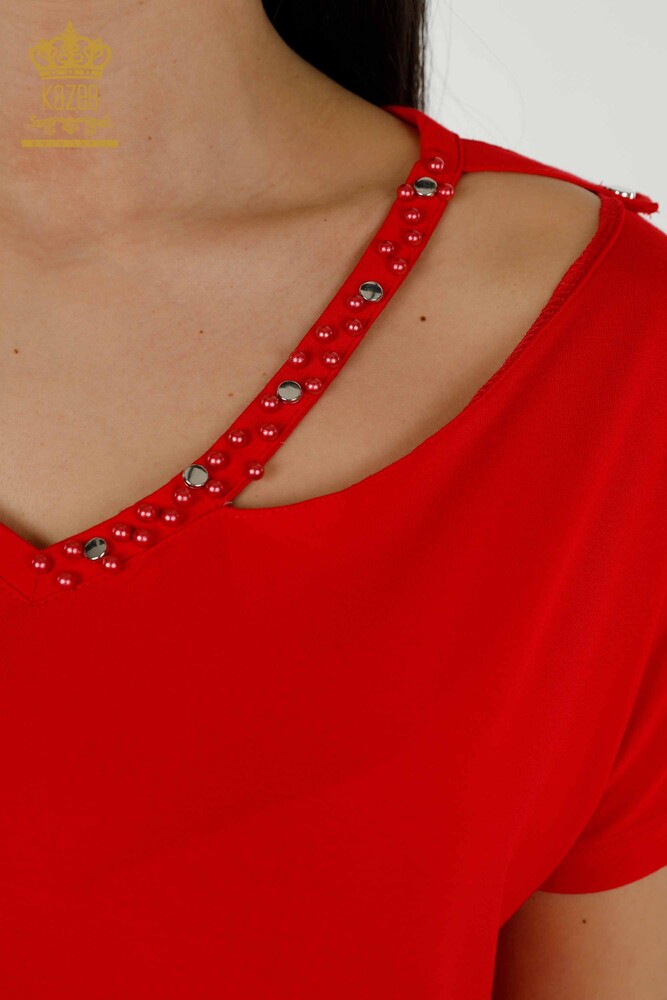 Grossiste Chemisier Femme - Perles Pierre Brodée - Rouge - 79200 | KAZEE - 3