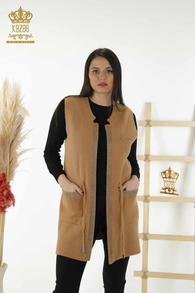 Grossiste Femme Gilet Stone Brodé Cordon Camel - 30244 | KAZEE - Kazee