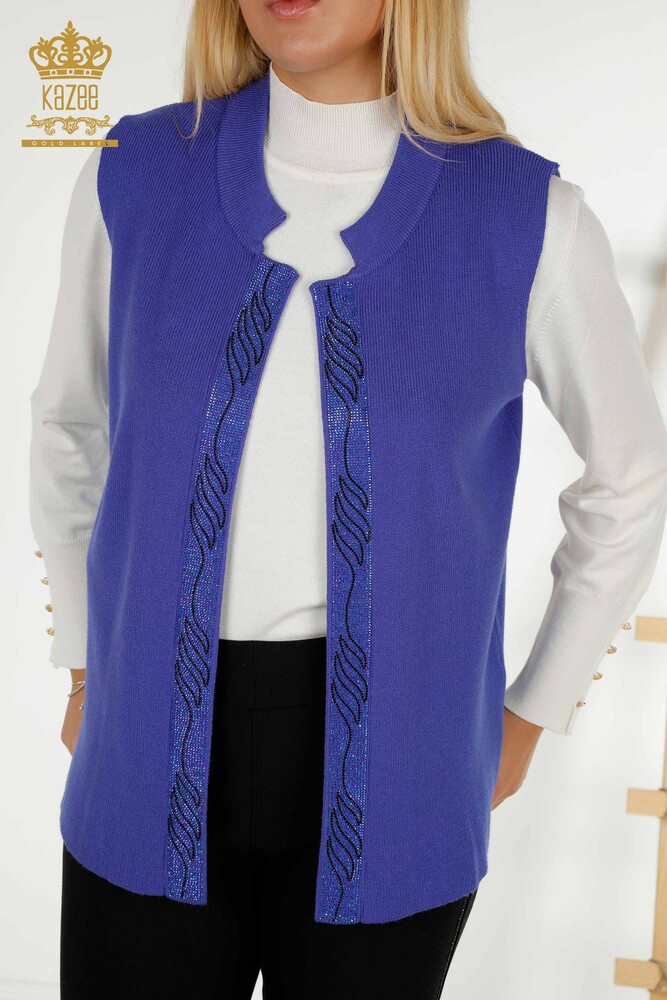 Gilet Femme En Gros Pierre Colorée Brodée Indigo - 30617 | KAZEE - 2