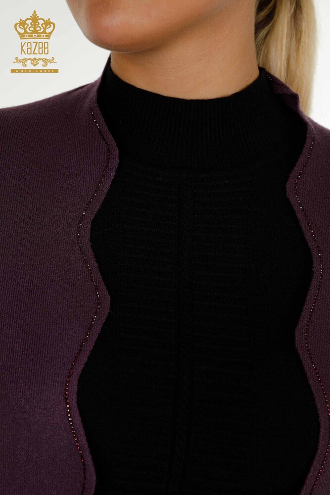 Gilet court pour femmes en gros pierre brodée violet - 30274 | KAZEE - 3