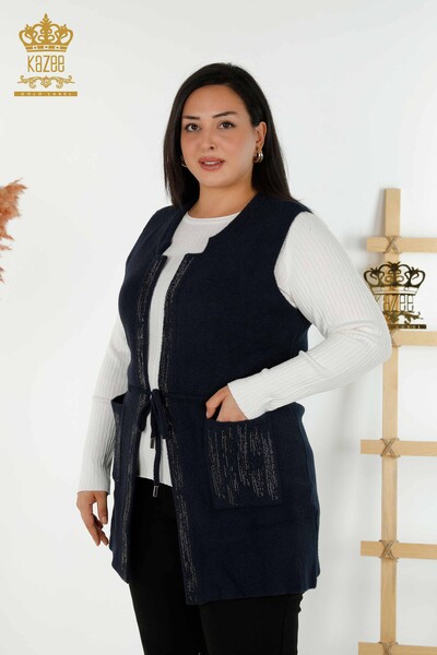 Gilet Femme En Gros Pierre De Cristal Brodée Bleu Marine - 30495 | KAZEE 