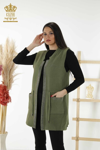 Grossiste Gilet Femme - Pierre Brodée - Corde Attachée - Kaki - 30244 | KAZEE - Kazee