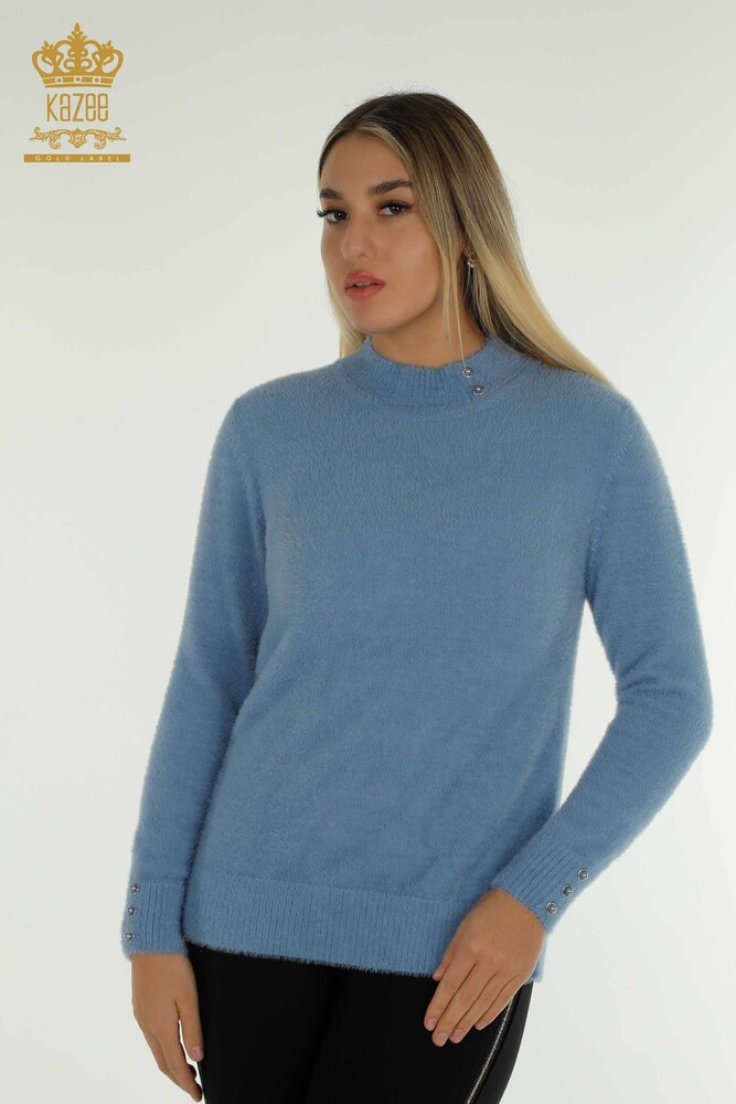 Vente en gros de tricots pour femmes pull Angora bouton détaillé bleu - 30667 | KAZEE - 1