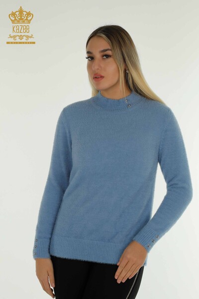 Vente en gros de tricots pour femmes pull Angora bouton détaillé bleu - 30667 | KAZEE - Kazee