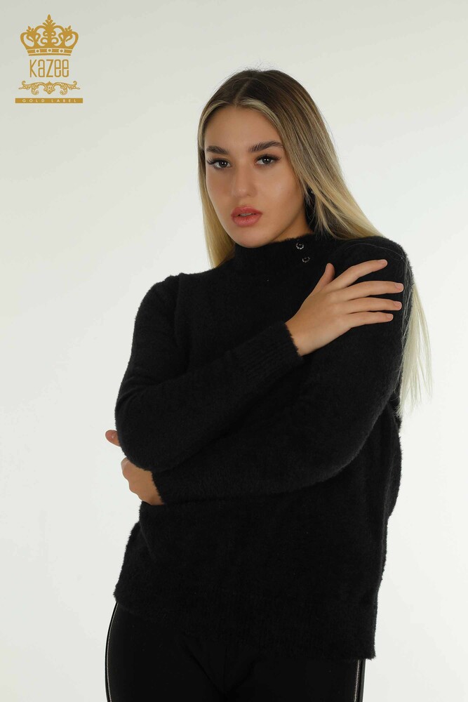 Vente en gros de tricots pour femmes pull Angora bouton détaillé noir - 30667 | KAZEE - 1