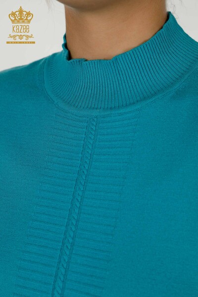 Vente en gros de tricots pour femmes pull basique à manches courtes turquoise - 30334 | KAZÉE - 3