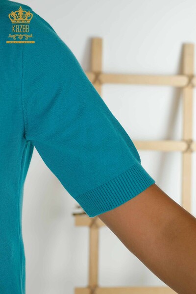 Vente en gros de tricots pour femmes pull basique à manches courtes turquoise - 30334 | KAZÉE - 4