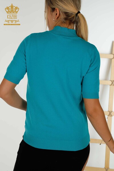 Vente en gros de tricots pour femmes pull basique à manches courtes turquoise - 30334 | KAZÉE - 5