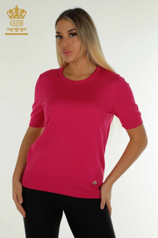 Vente en gros Pull en Maille pour Femme Modèle Américain Basique Fuchsia Clair - 16271| KAZEE - 1