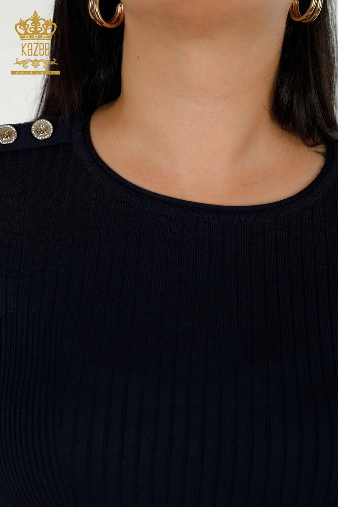 Bouton de pull en tricot pour femmes en gros détaillé bleu marine - 30045 | KAZEE - 3