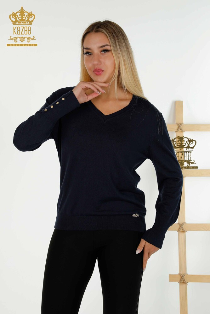 Bouton de pull en tricot pour femmes en gros détaillé bleu marine - 30139 | KAZEE - 1