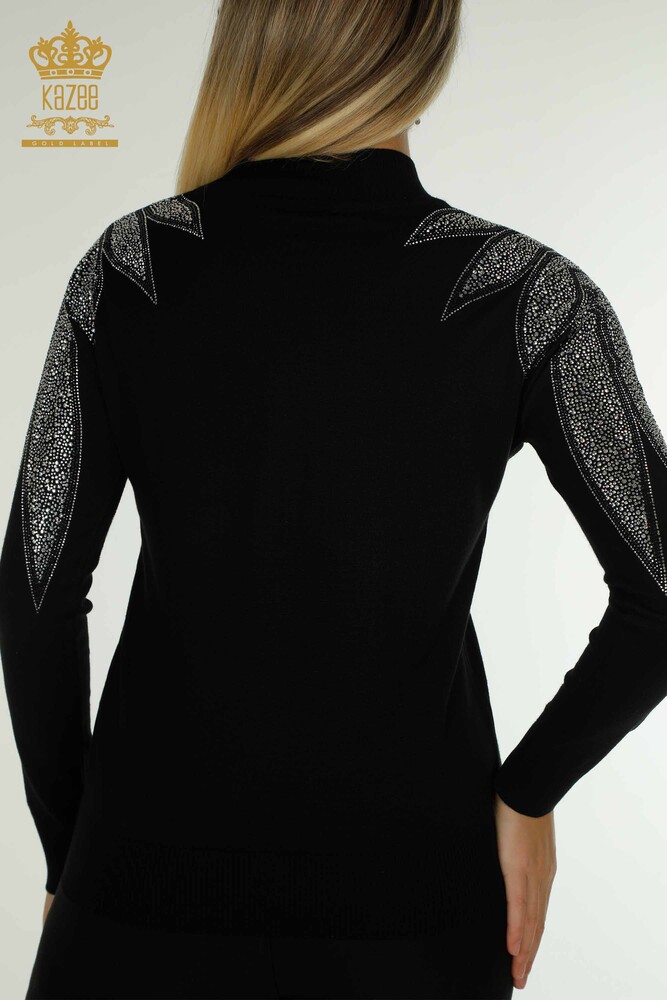 Pull en tricot pour femmes en gros noir avec broderie de pierres de cristal - 30114 | KAZEE - 7