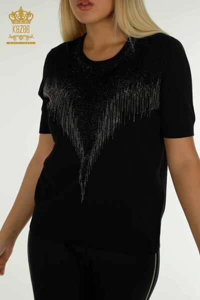 Pull en tricot pour femmes en gros noir avec broderie de pierres de cristal - 30330 | KAZEE - 2