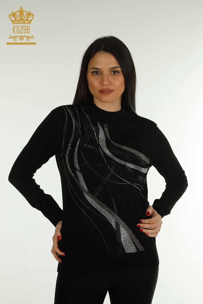 Pull en tricot pour femmes en gros noir avec broderie de pierres de cristal - 30469 | KAZEE - 1