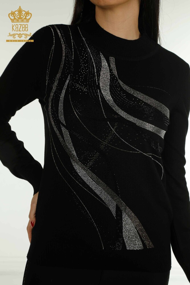 Pull en tricot pour femmes en gros noir avec broderie de pierres de cristal - 30469 | KAZEE - 2