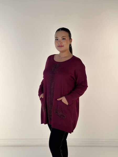 Pull en tricot pour femmes en gros avec poche brodée de pierre de cristal détaillée violet - 30602 | KAZÉE 