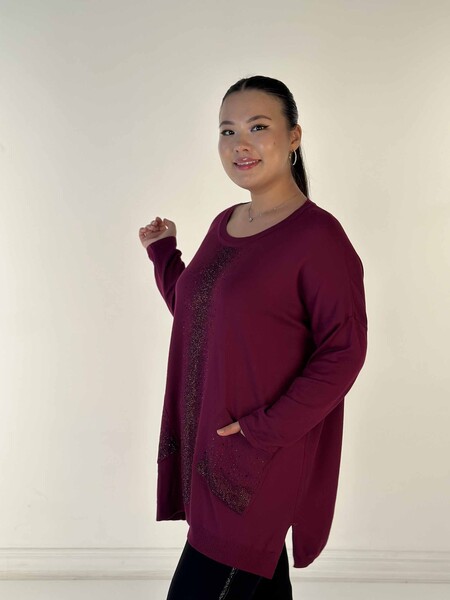 Pull en tricot pour femmes en gros avec poche brodée de pierre de cristal détaillée violet - 30602 | KAZÉE - 2