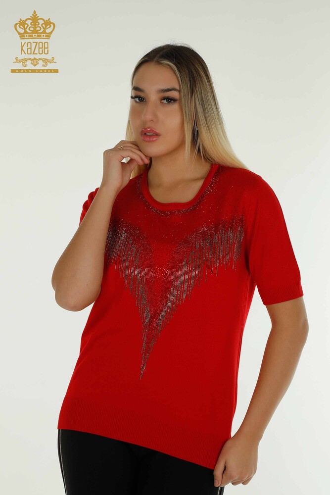 Pull en tricot pour femmes en gros rouge avec broderie de pierres de cristal - 30330 | KAZEE - 1