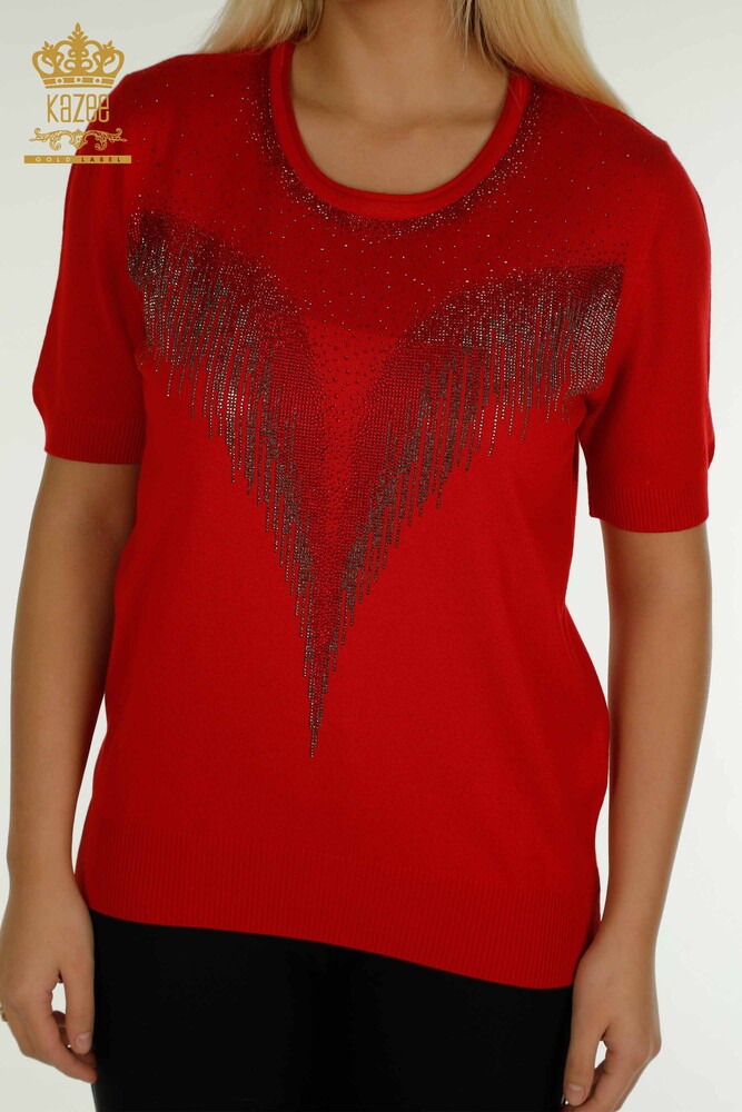 Pull en tricot pour femmes en gros rouge avec broderie de pierres de cristal - 30330 | KAZEE - 2