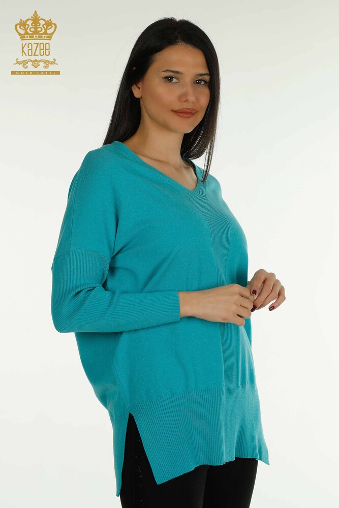 Pull en tricot pour femmes en gros avec détail fendu Turquoise - 30193 | KAZEE - 1