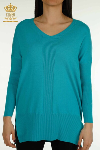 Pull en tricot pour femmes en gros avec détail fendu Turquoise - 30193 | KAZEE - 2