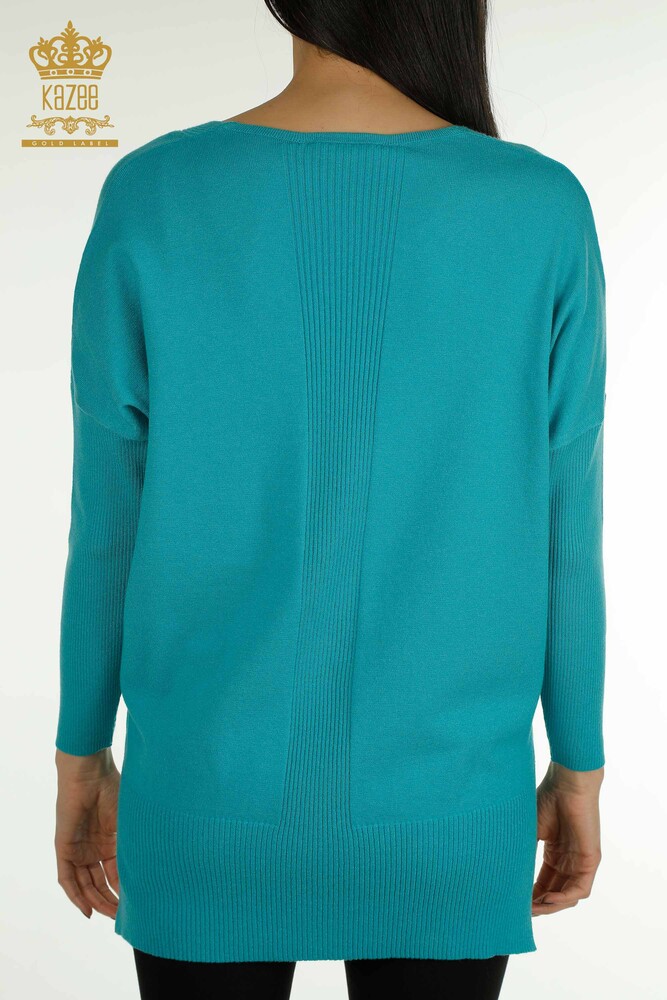 Pull en tricot pour femmes en gros avec détail fendu Turquoise - 30193 | KAZEE - 9