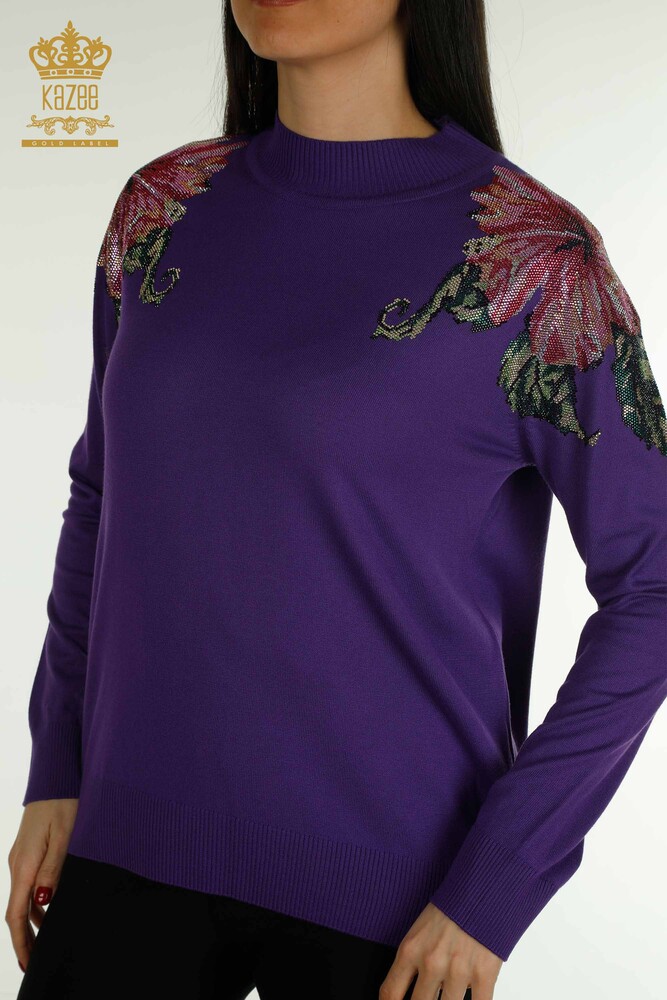 Tricots pour femmes en gros pull épaule fleur détaillée violet - 30542 | KAZEE - 2