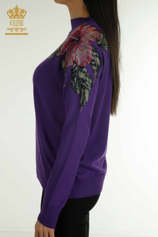 Tricots pour femmes en gros pull épaule fleur détaillée violet - 30542 | KAZEE - 5