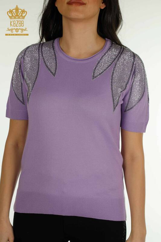 Tricots pour femmes en gros pull épaule pierre brodée lilas - 30792 | KAZEE