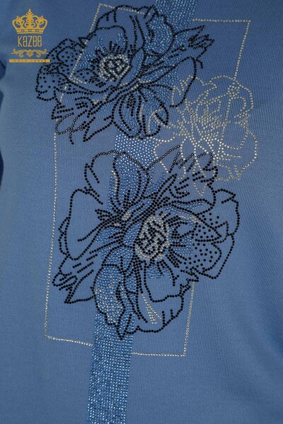 Pull en tricot pour femmes en gros bleu avec broderie de fleurs - 30614 | KAZEE - 3