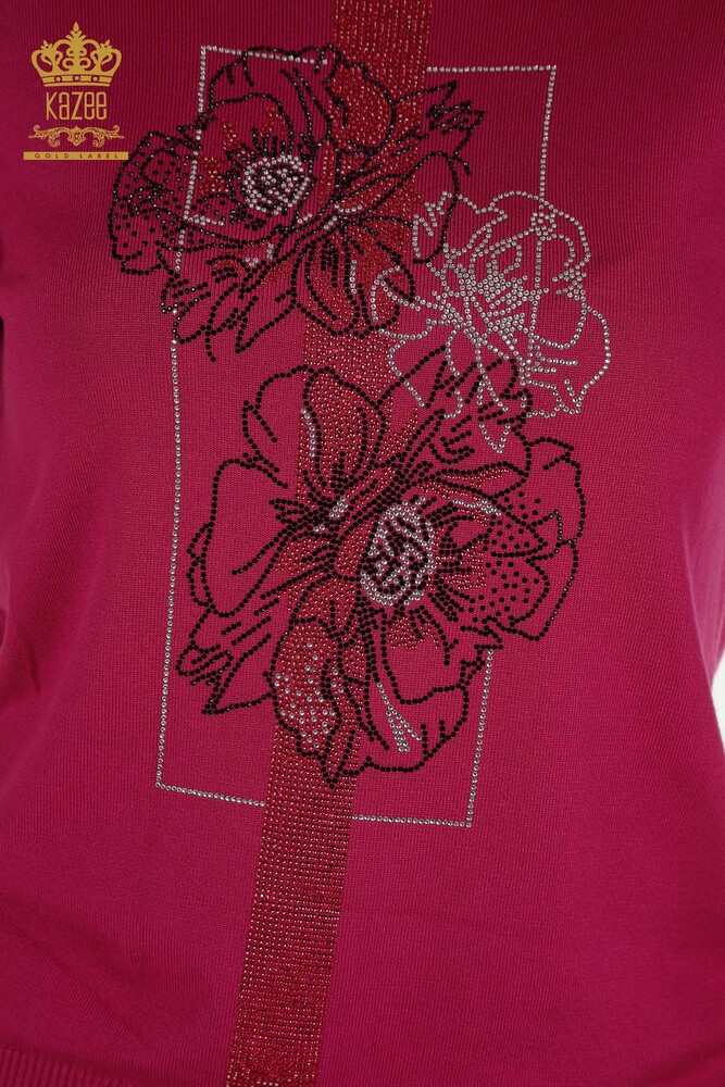 Pull en tricot pour femmes en gros Floral brodé Fuchsia - 30614 | KAZEE - 3