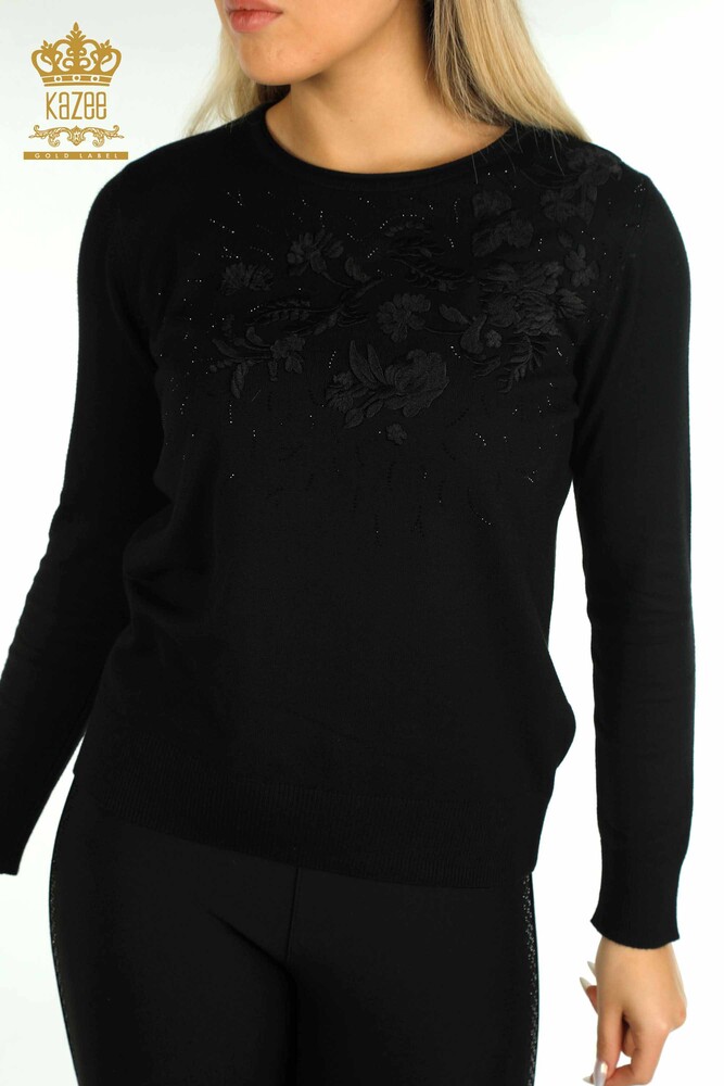 Pull en tricot pour femmes en gros Floral brodé noir - 16849 | KAZEE - 2