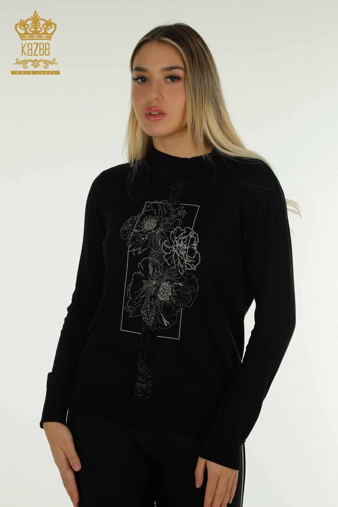 Pull en tricot pour femmes en gros noir avec broderie florale - 30614 | KAZEE - 1