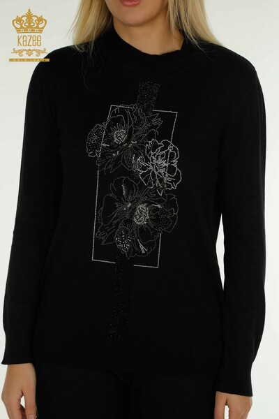 Pull en tricot pour femmes en gros noir avec broderie florale - 30614 | KAZEE - 2