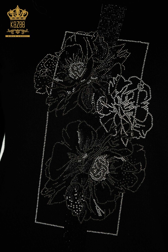 Pull en tricot pour femmes en gros noir avec broderie florale - 30614 | KAZEE - 3