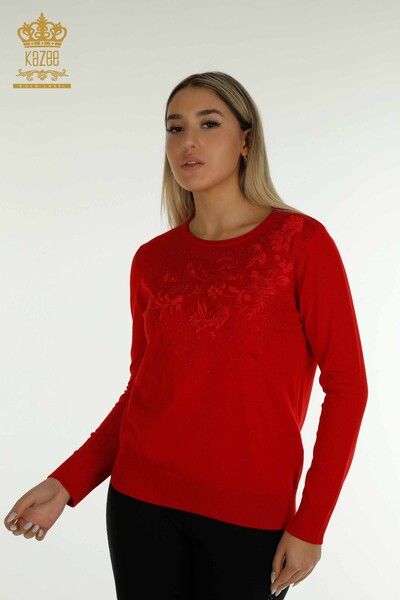 Pull en tricot pour femmes en gros rouge avec broderie de fleurs - 16849 | KAZEE 