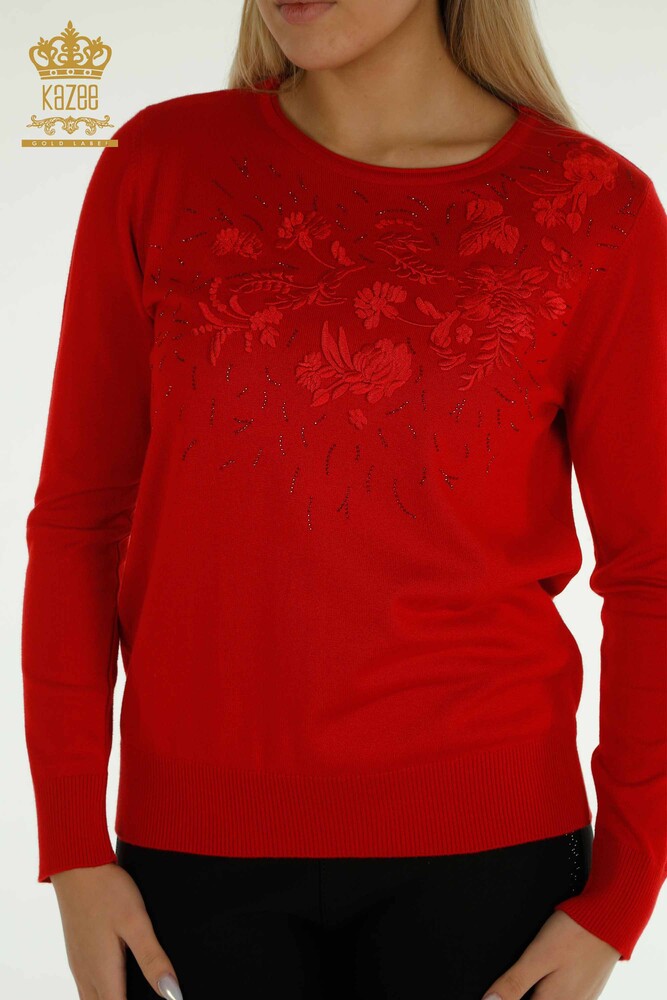 Pull en tricot pour femmes en gros rouge avec broderie de fleurs - 16849 | KAZEE - 2