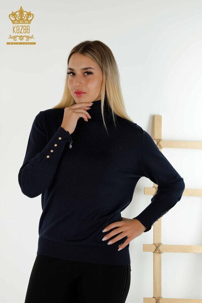 Pull en tricot pour femmes en gros avec détail de bouton sur les manches bleu marine - 30506 | KAZEE - Kazee