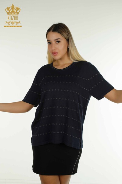 Pull En Maille Pour Femme Modèle Américain En Gros Bleu Marine - 30794 | KAZEE - 1