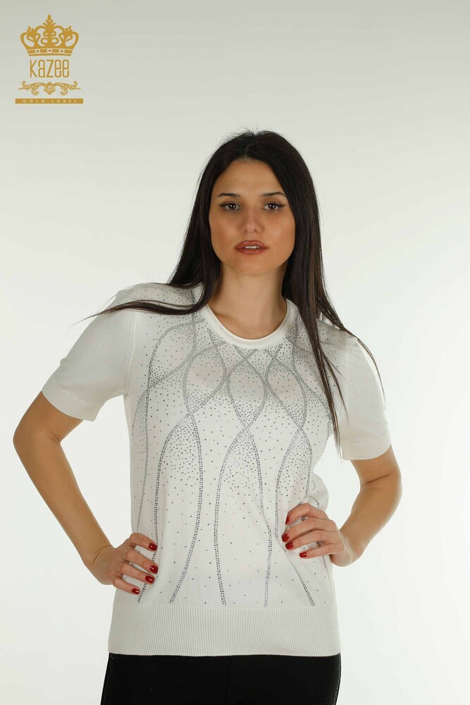 Pull Tricot Femme Grossiste Modèle Américain Ecru - 30686 | KAZEE - 1