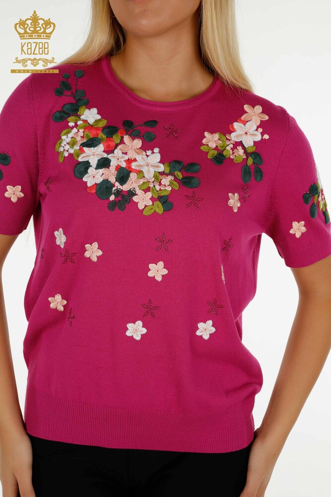 Pull Tricot Femme Grossiste Modèle Américain Fuchsia - 16761 | KAZEE - 2