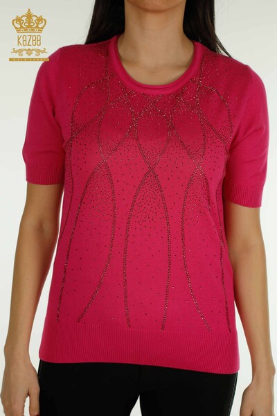 Pull Tricot Femme Grossiste Modèle Américain Fuchsia - 30686 | KAZEE - 2