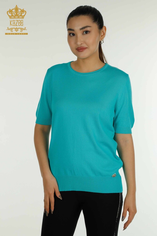 Pull Tricot Femme Grossiste Modèle Américain Turquoise - 15943 | KAZEE - 1