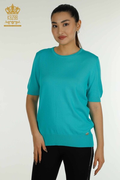 Pull Tricot Femme Grossiste Modèle Américain Turquoise - 15943 | KAZEE 