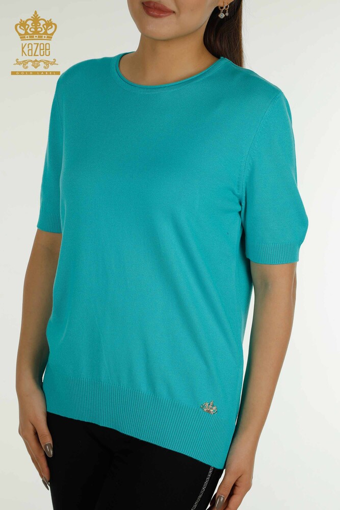 Pull Tricot Femme Grossiste Modèle Américain Turquoise - 15943 | KAZEE - 2